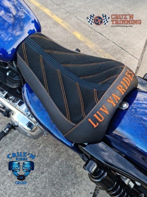 Harley Davidson Sporster 1200 Custom Seat Blue Orange Angled Embroidery 0