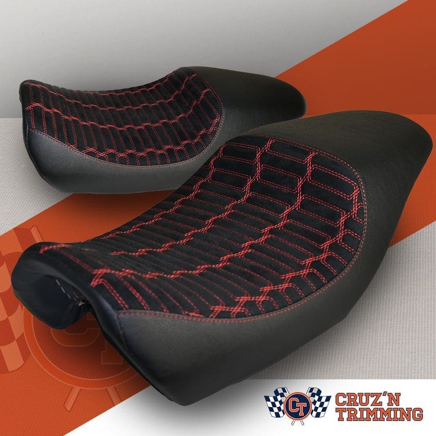 Harley Davidson Street 500 Custom Motorcycle Seats - Red Stitch on Suede Product Ad