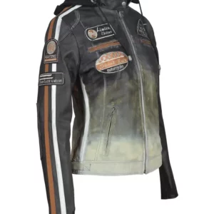 Ladies Leather Motorcycle Jacket with removable lining and armour beige black side