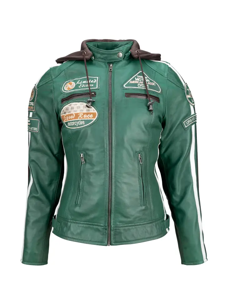 Ladies Leather Motorcycle Jacket with removable lining and armour green front