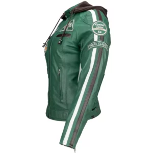Ladies Leather Motorcycle Jacket with removable lining and armour green left side