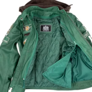 Ladies Leather Motorcycle Jacket with removable lining and armour green with lining
