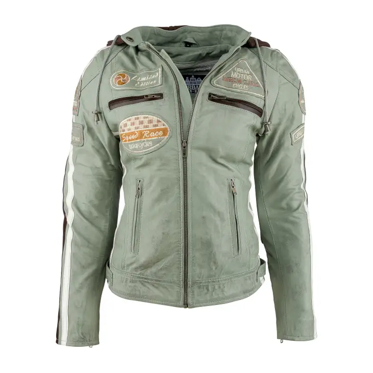 Ladies Leather Motorcycle Jacket with removable lining and armour light grey front