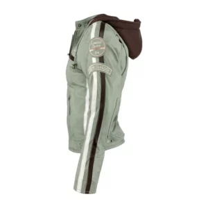 Ladies Leather Motorcycle Jacket with removable lining and armour light grey left side