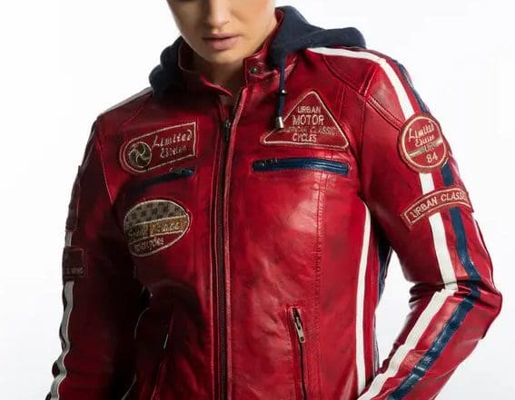 Ladies Leather Motorcycle Jacket with removable lining and armour red front