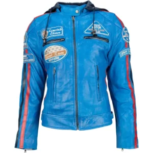 Ladies Leather Motorcycle Jacket with removable lining and armour sky blue front