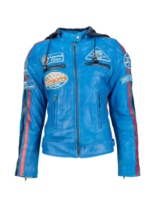 Ladies Leather Motorcycle Jacket with removable lining and armour sky blue front