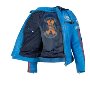 Ladies Leather Motorcycle Jacket with removable lining and armour sky blue inner lining