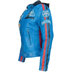 Ladies Leather Motorcycle Jacket with removable lining and armour sky blue left side