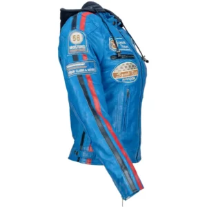 Ladies Leather Motorcycle Jacket with removable lining and armour sky blue right side