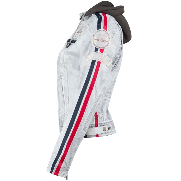 Ladies Leather Motorcycle Jacket with removable lining and armour vintage grey left side