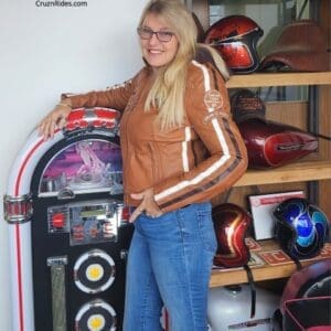 Ladies leather motorcycle jacket with removable lining armour cognac 1