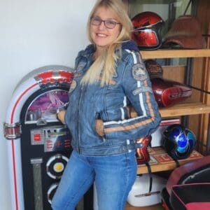 Ladies leather motorcycle jacket with removable lining armour denim 2